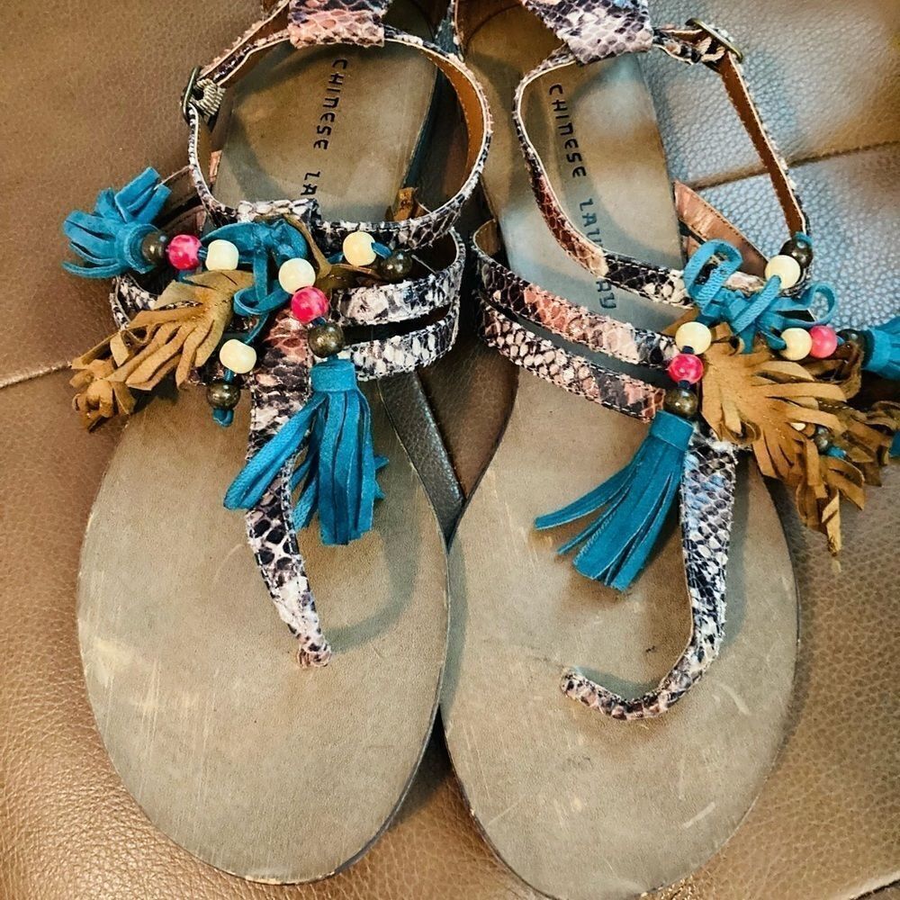 CHINESE LAUNDRY BEADED TASSELED TONG SANDALS